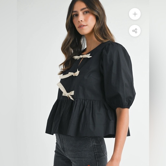 NWOT Mable Puff Sleeve Contrast Tie Top Small Black $60 Aritzia vibes - Picture 2 of 8